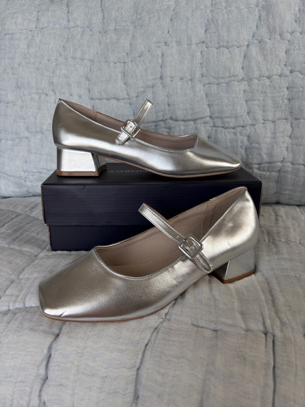 French Connection Bette Mary Jane Block Heel Ballet Flats Silver Leather